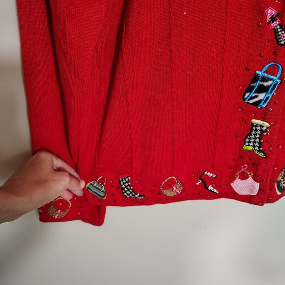 Vtg Berek 2 Sweater Cardigan Red Embellished Purse Shoes Sequins Artsy Size XL - Picture 4 of 13